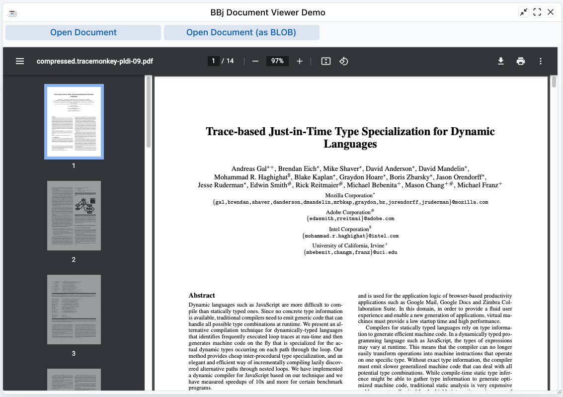 The BBj Document Viewer demo in the DWC: two buttons, Open Document and Open Document (as BLOB), above a PDF viewer that shows page 1 of a 14-page document with a thumbnail strip.