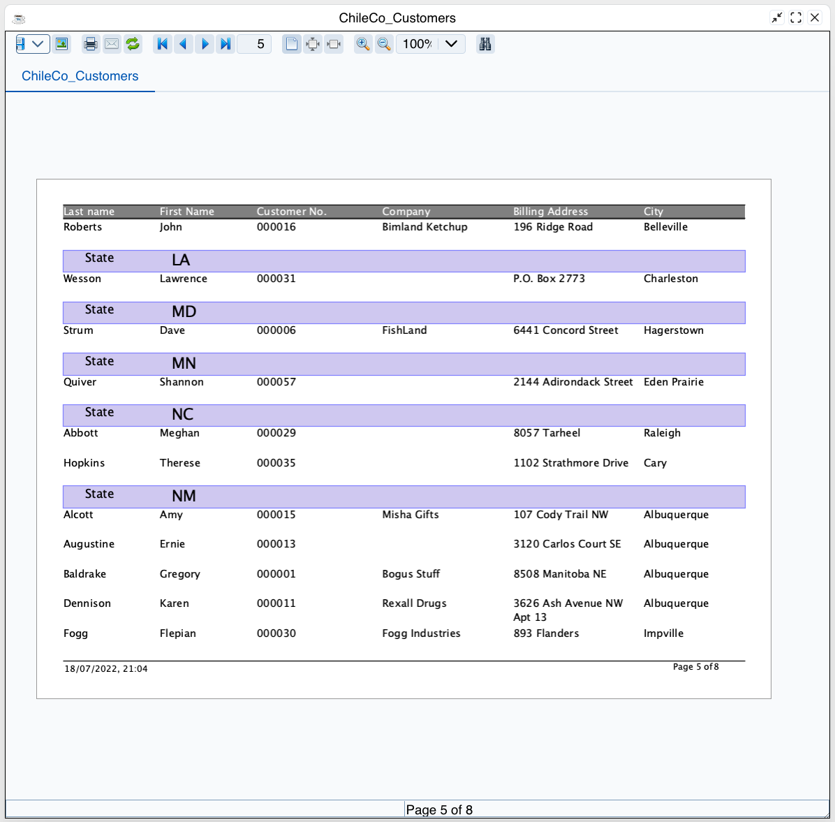 The BBJasper print preview in the DWC: a toolbar with print, navigation and zoom controls above page 5 of 8 of a customer report grouped by state.