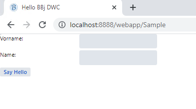 The sample program in the browser after the grid layout: labels and input fields in two columns and the Say Hello button in the next row.