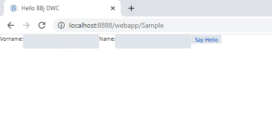 The sample program in the browser with the labels, the two input fields and the Say Hello button squeezed into one row.