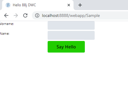 The sample program in the browser with a large green Say Hello button below the two input fields.