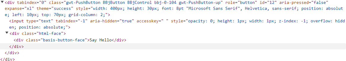 The outer HTML of a BUI button, a div with inline styles that contains an input and nested div elements.