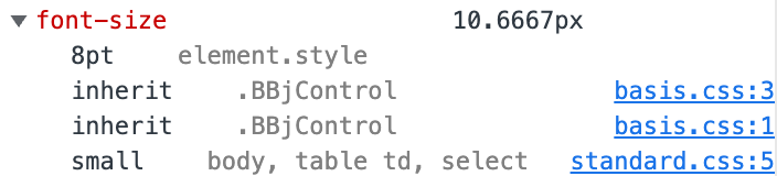 The Computed styles for a BUI control showing font-size 10.6667px, set to 8pt on the element style and inherited from the BASIS stylesheet.