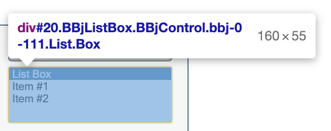 A BUI BBjListBox, 160 by 55 pixels, showing three items: List Box, Item #1, and Item #2.
