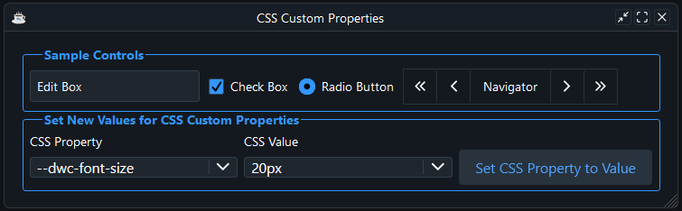 The CSS Custom Properties sample window in dark mode, with the font size property set to 20px.