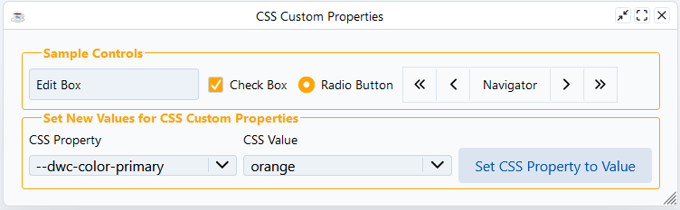 The CSS Custom Properties sample window in light mode after setting the primary color to orange, with an orange check box and radio button.