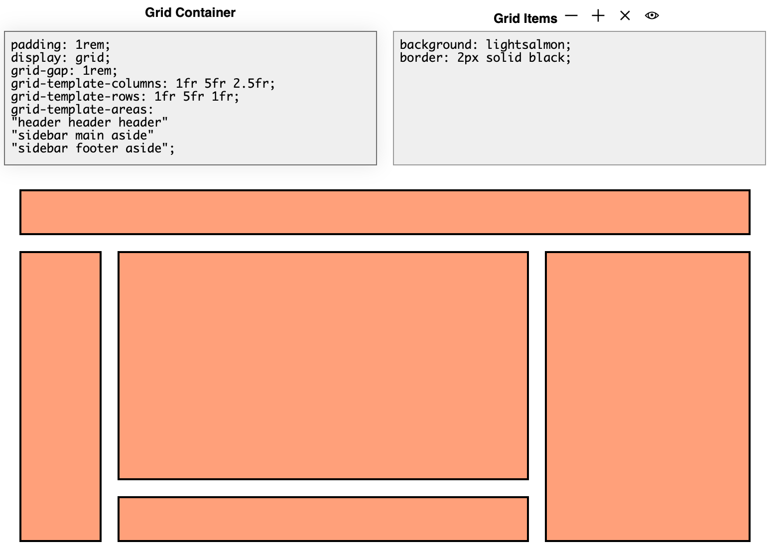 The CSS Grid Playground with the bottom row set to sidebar footer aside