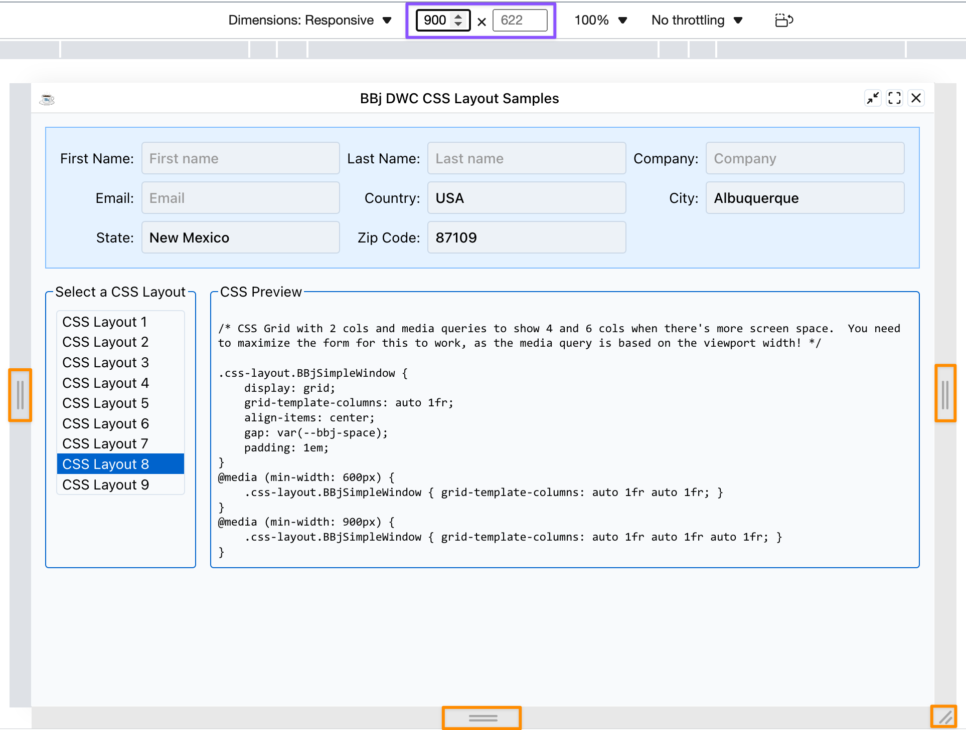Layout 8 in the browser's Responsive mode with drag handles and a 900 pixel viewport width