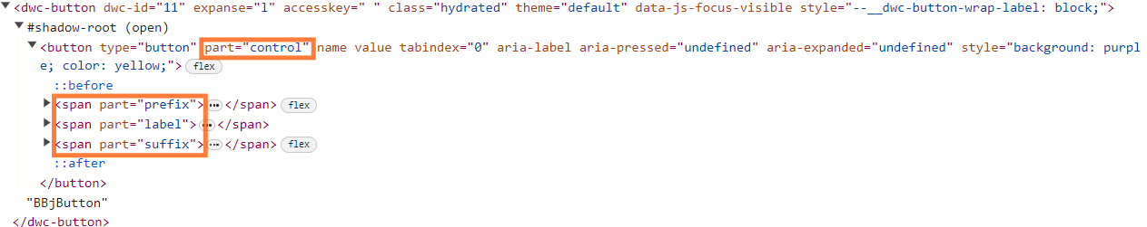 The shadow tree of a DWC button in the Elements tab, with the part attributes control, prefix, label, and suffix highlighted.