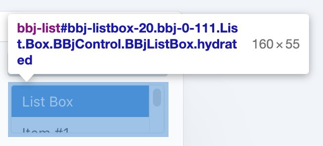 A DWC BBjListBox, 160 by 55 pixels, showing List Box fully and Item #1 cut off at the bottom.