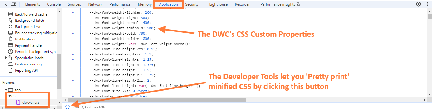 The Application tab of the Developer Tools showing the DWC stylesheet with its custom properties, and the pretty-print button at the bottom left of the source pane.