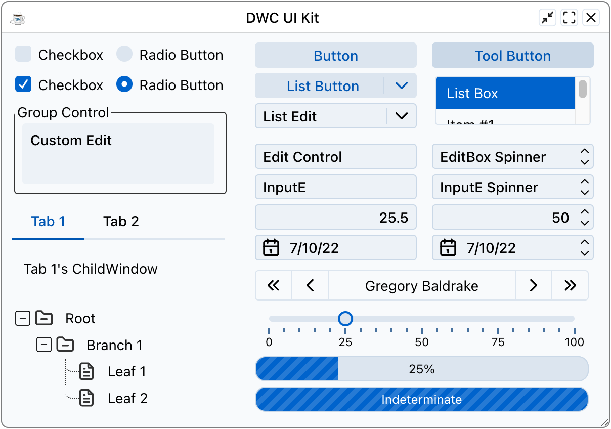 The DWC UI Kit window with the default theme: blue controls, the default font, and the list box cutting off its second item.