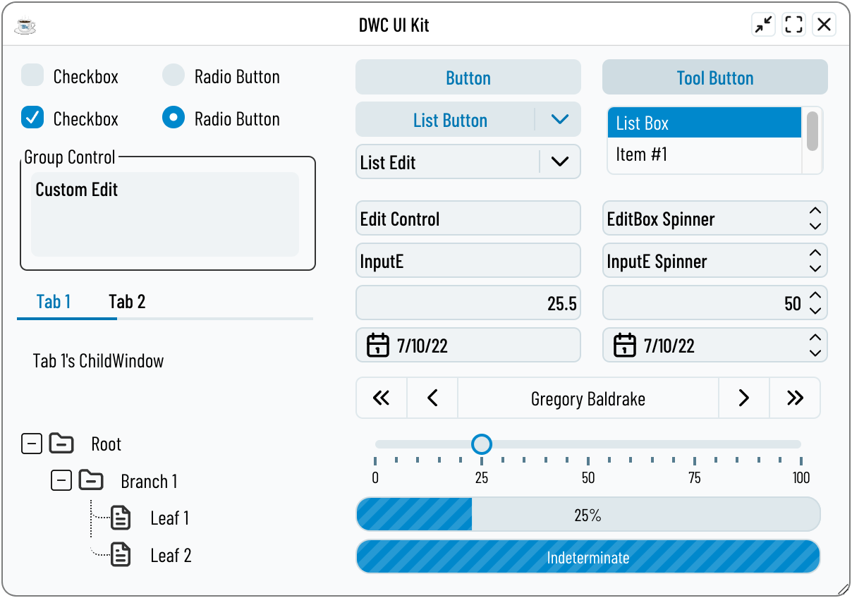 The DWC UI Kit window with a saved theme applied: a different blue, a narrower font, and tighter spacing so the list box shows two items.