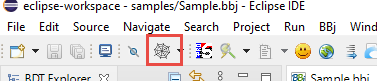 The Eclipse toolbar with a red box around the spiderweb button that deploys and starts the program in the browser.
