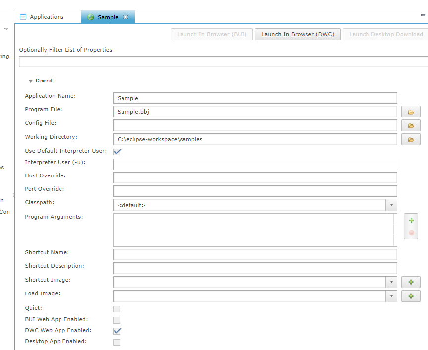 The Enterprise Manager dialog for a new application named Sample, with its program file, working directory and the DWC Web App Enabled option checked.