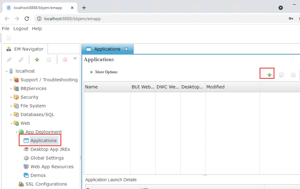 Enterprise Manager with the Applications list open under Web, App Deployment. Red boxes mark the Applications entry and the plus button that adds an application.