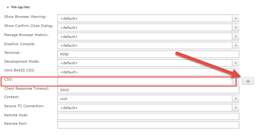 The Web App Only section of the Enterprise Manager application dialog. A red box and arrow point to the empty CSS field and the plus button that adds a CSS file.