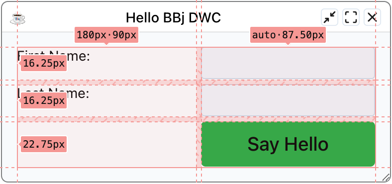 The Hello window with the Developer Tools grid overlay showing a 180px column and an auto column
