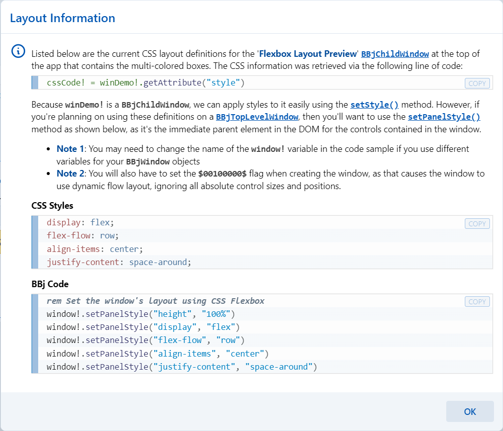 Layout Information Dialog
