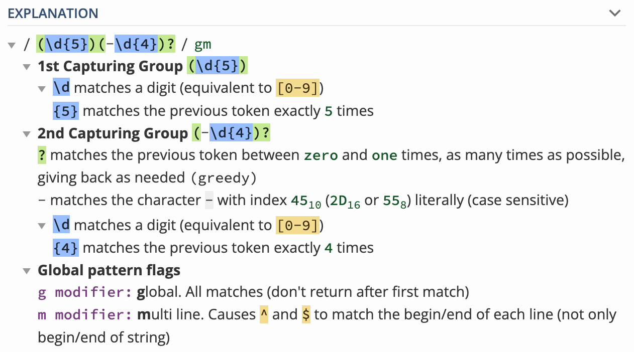 Regex101 explaining the zip code pattern