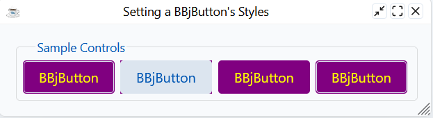 Four BBjButtons in a window; the first, third, and fourth are purple with yellow text and the second keeps the default style with purple only at its corners.