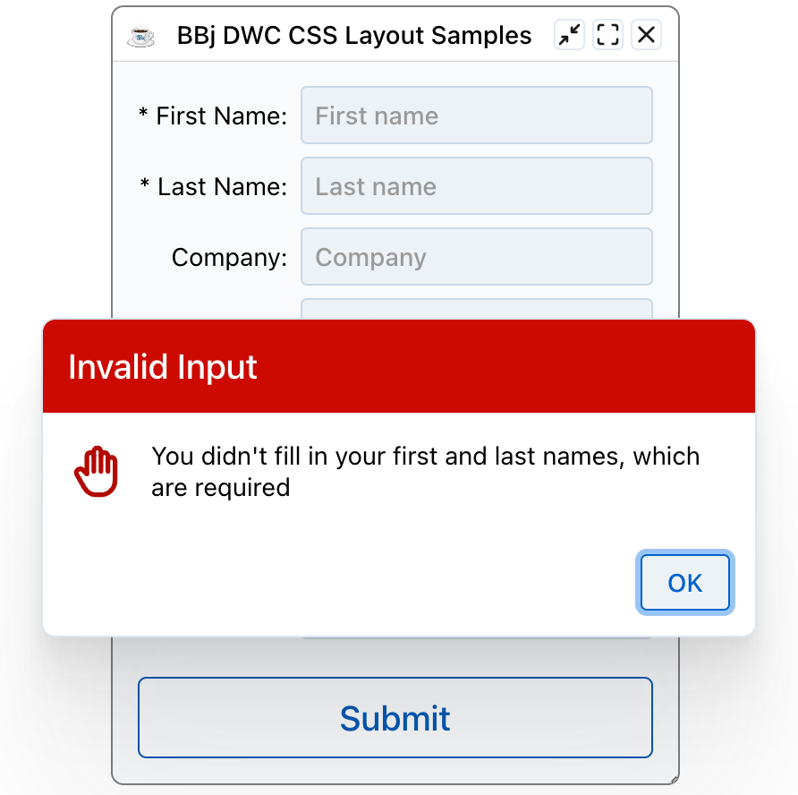 Alert shown when the first and last name fields are empty
