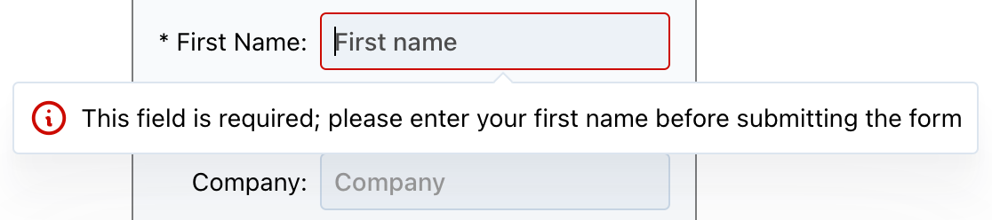 Custom validation message shown as a popover below the first name field