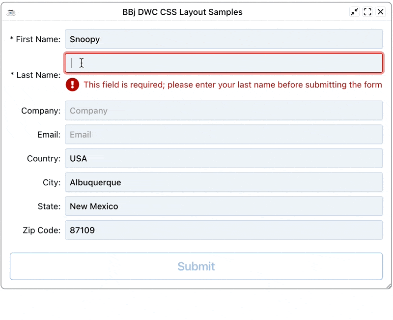 Submit button that stays disabled until both name fields are valid