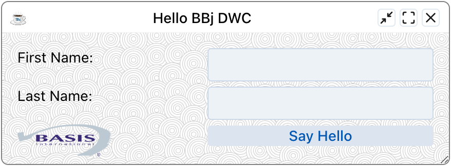 The Hello BBj DWC window with a swirl pattern across the whole window and the BASIS logo at the bottom left.